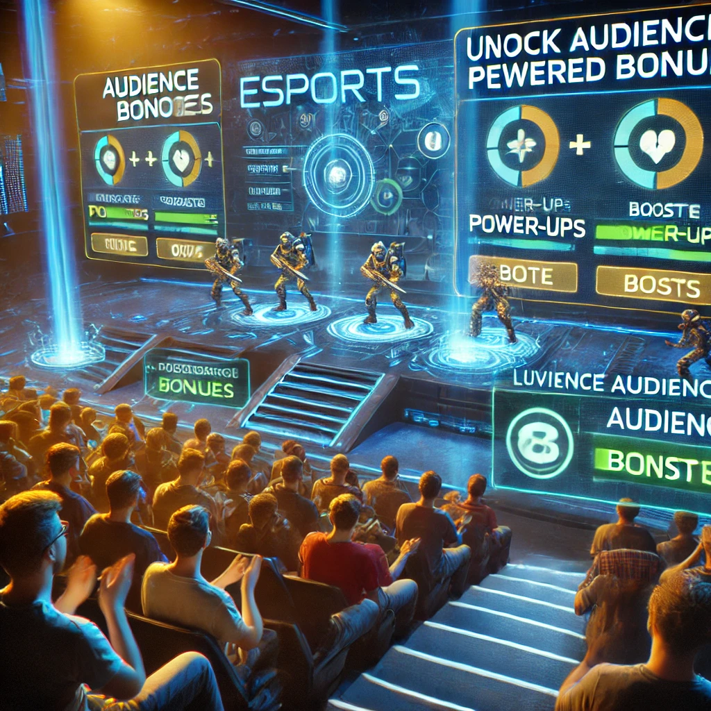 A futuristic esports event where players unlock audience-powered bonuses. Holographic overlays display live audience decisions on in-game power-ups and boosts.