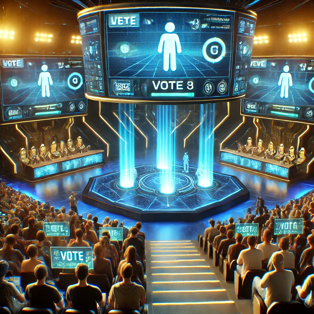 A futuristic esports event where viewers can vote on in-game events in real-time. Holographic voting overlays display audience participation as streamers react live.