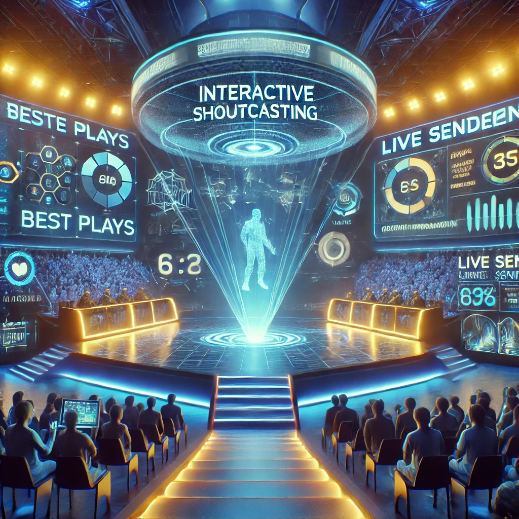 A neon-lit esports event where the audience selects custom game modes. Holographic overlays display real-time audience votes for special in-game rules.