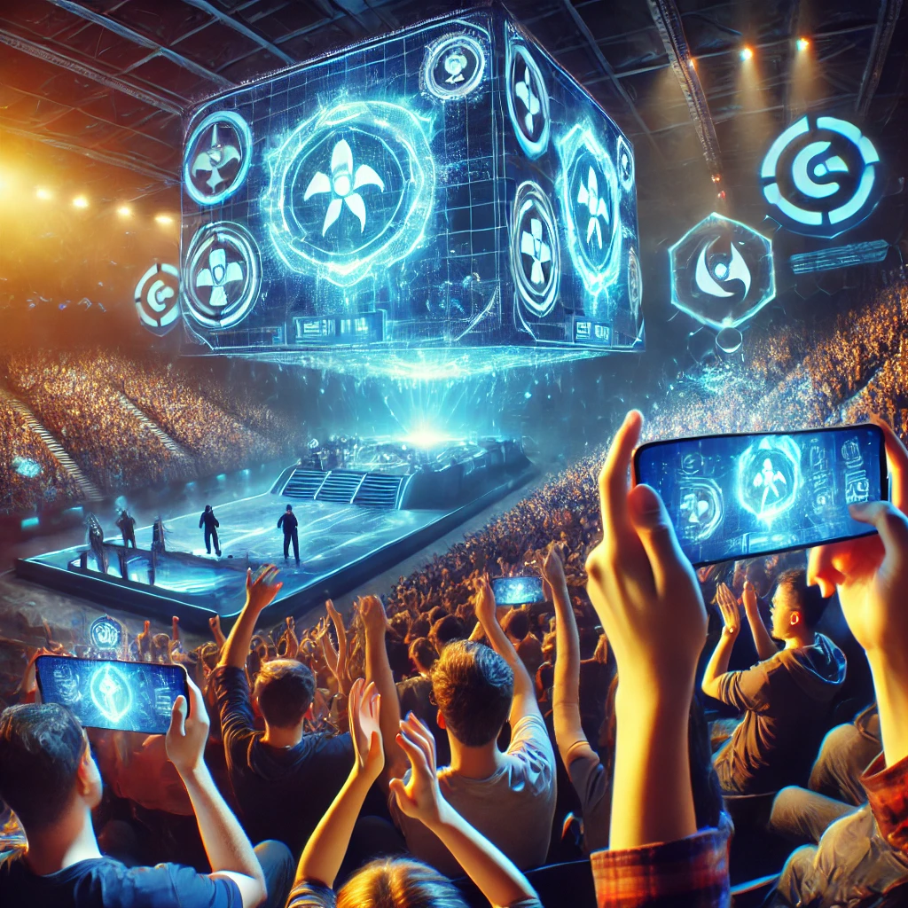 A high-energy esports event where fans engage in digital celebrations. Holographic interfaces display live fan reactions, animated emotes, and audience highlights.