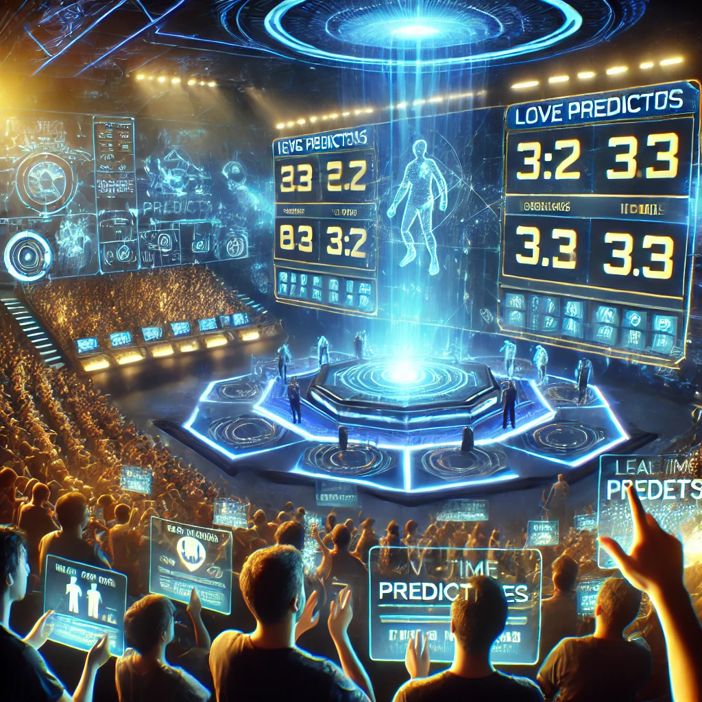 A futuristic esports stage where interactive shoutcasting takes center stage. Fans vote on top plays, and commentators react dynamically to audience input.