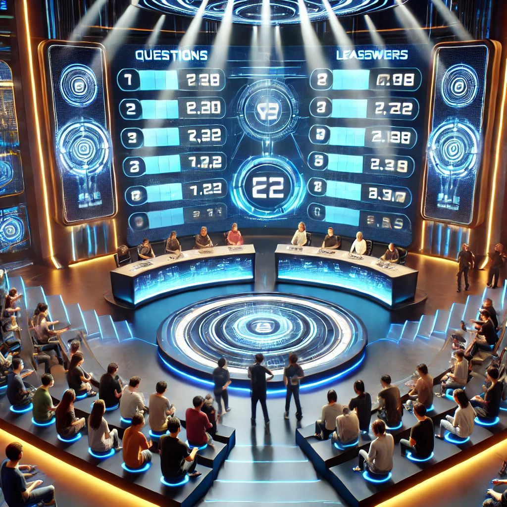A high-energy gaming arena where the audience competes in a real-time trivia challenge. Holographic screens display live questions and leaderboard updates.